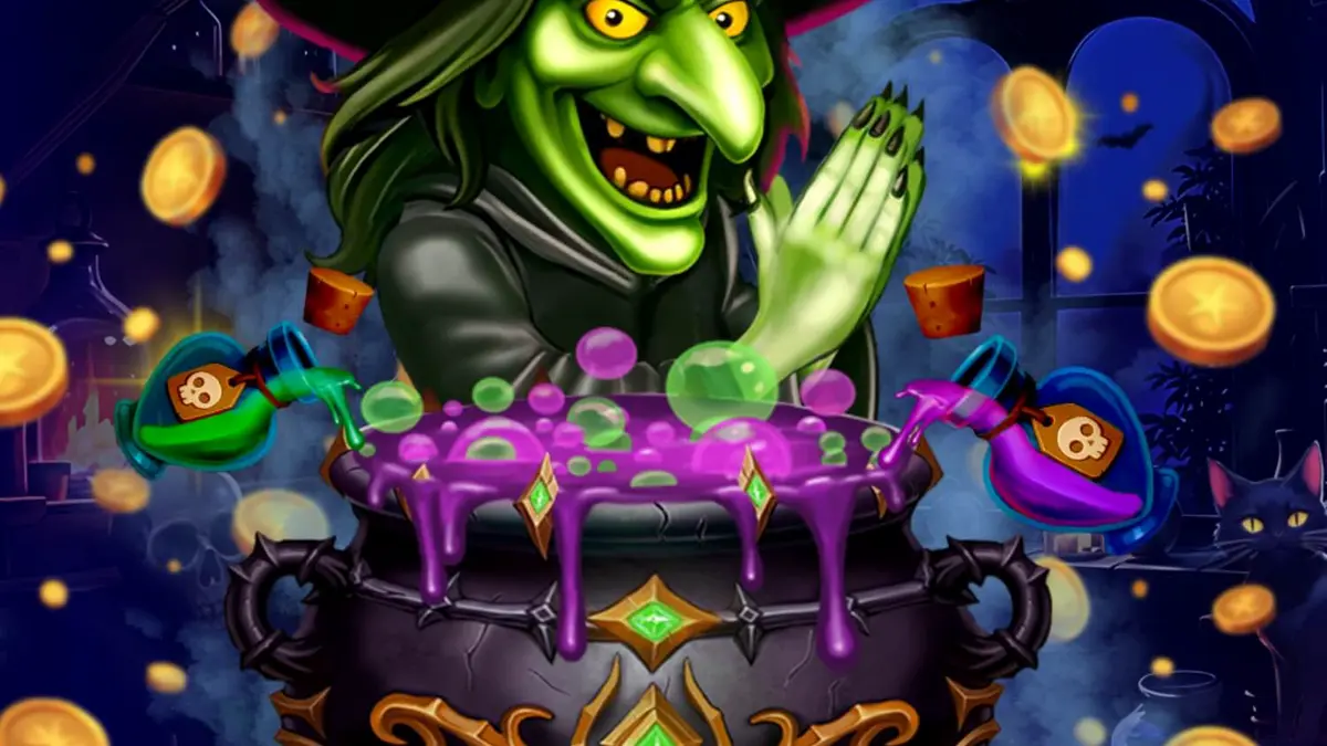 Tampilan visual slot Witches’ Fortune dengan elemen sihir dan kuali ajaib
